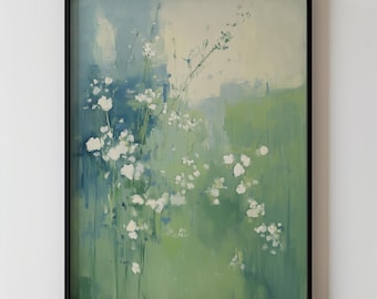 Serene Botanical Wall Art, Abstract Meadow Painting with Green and Blue Tones, Large Printable Spring Nature-Inspired Decor for Modern Homes
