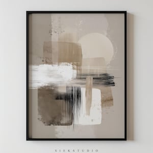 Op de afbeelding: Abstracte kunstafdruk in een zwarte lijst. Het kunstwerk toont beige, bruine en witte penseelstreken en vormen. Een grote witte vorm lijkt op een zon. De tekst "SIEKSTUDIO" staat onderaan.
