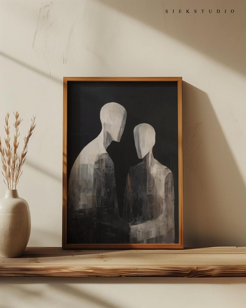ミニマリストの人物抽象カップルアート描画印刷可能な白黒比喩的ニュートラルウォールアート、モダンな感情的な装飾アートワーク50 画像 5