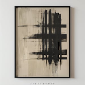 Geometric Abstract Line Art, Black Lines on Beige, Minimalist Brush Stroke Painting, Abstract Printable Modern Art for Home and Office Decor