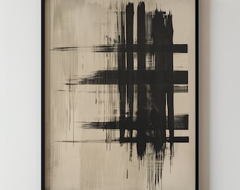 抽象的な線画プリント、幾何学的な黒い線、ベージュのキャンバス