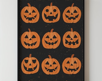 Vintage Halloween Pumpkin Art Jack-o&#39;-Lantern Wall Decor, Retro Pumpkin Print, Halloween Party Decor, Spooky Halloween Art Autumn Fall Decor