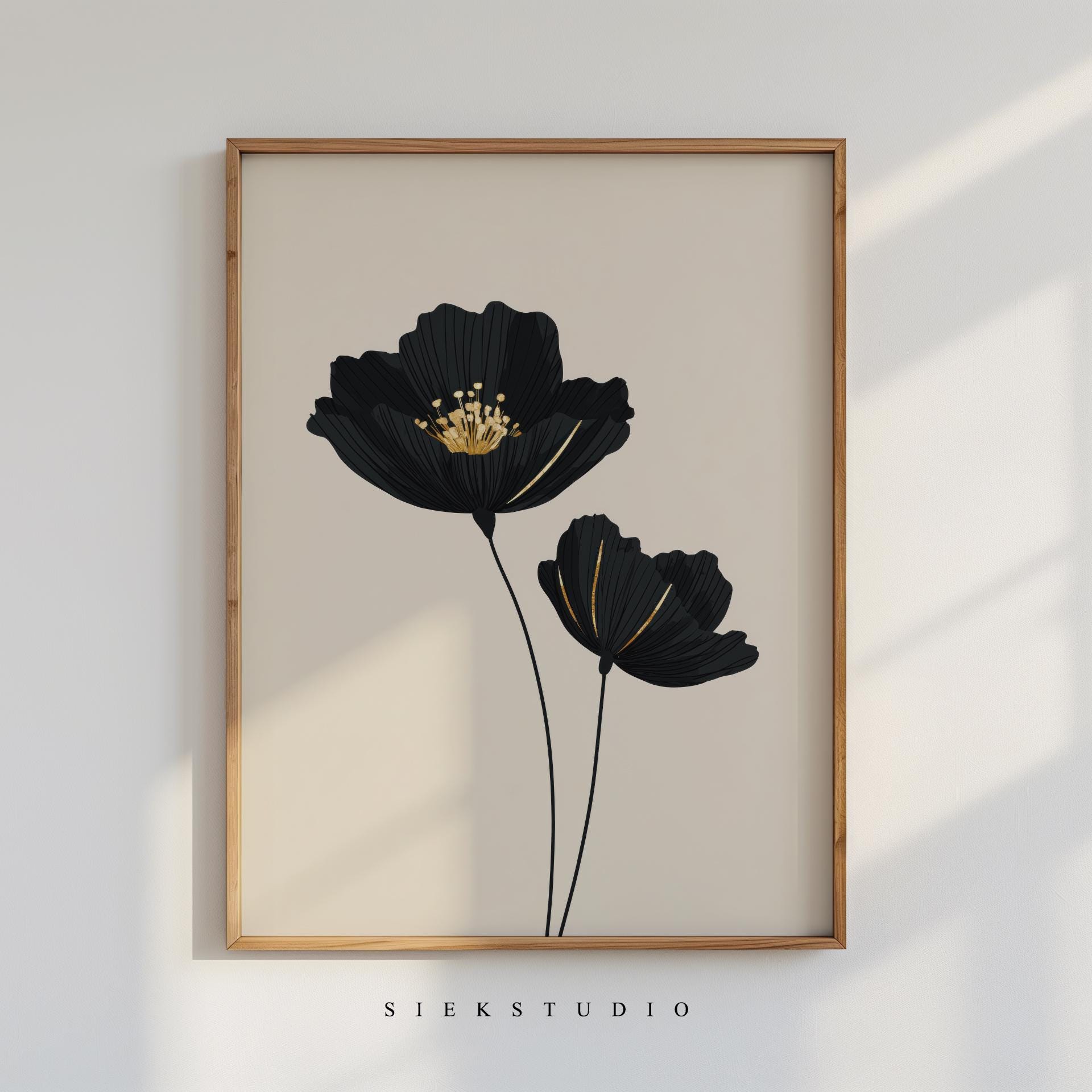 抽象的でミニマリストな植物の花の絵画、モダンな黒とベージュの 抽象的でミニマリストな植物の花の絵画、モダンな黒とベージュの