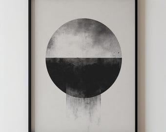 Minimalist Abstract Circle Art, Modern Black And White Geometric Printable Neutral Shapes Wall Decor, Contemporary Living Room Art 109