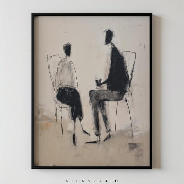 Modern Abstract Couple Figurative Line Drawing Printable Minimalist Neutral Beige People Wall Art, Contemporary Expressive Home Decor 265