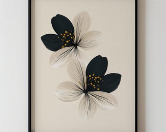Contemporary Minimalist Beige Black And White Flower Printable Neutral Modern Abstract Botanical Floral Home Wall Art Decor 295