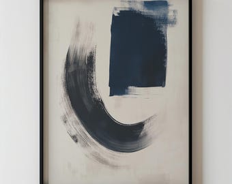 Abstract Minimalist Wall Art Navy Blue and White Modern Painting, Large Printable Decor, Contemporary Digital Artwork for Home or Office