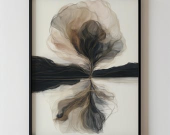 Abstract Floral Reflection Wall Art, Minimal Bloom Lake Earth Tone Print, Symmetrical Modern Living Room Decor, Downloadable Artwork 926