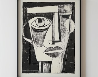 Abstract Cubist Portrait Printable Modern Black & White Expressionist Face Art, Minimalist Graphic Wall Art Decor, Digital Woodcut Artwork