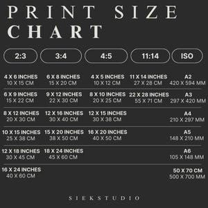 May include: A chart showing different print sizes in inches and centimeters, along with the corresponding ISO paper sizes in millimeters. The chart is labeled "Print Size Chart" and includes ratios like 2:3, 3:4, 4:5, and 11:14.