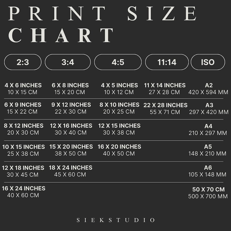 May include: A chart showing different print sizes in inches and centimeters, along with the corresponding ISO paper sizes in millimeters. The chart is labeled "Print Size Chart" and includes ratios like 2:3, 3:4, 4:5, and 11:14.