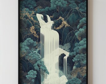 Hokusai Ukiyo-e Inspired Japanese Waterfall Wall Art, Nature Landscape Boho Japanese Home Decor Abstract Printable Art, Modern Boho Wall Art