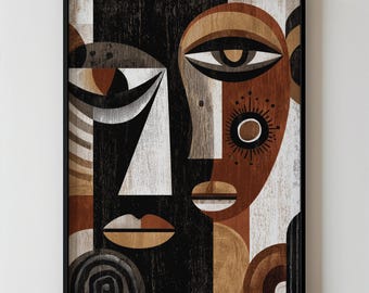 Tribal Abstract Wall Art, African Cubist Faces Cultural Printable In Neutral Tones For Contemporary Home Decor Download 435