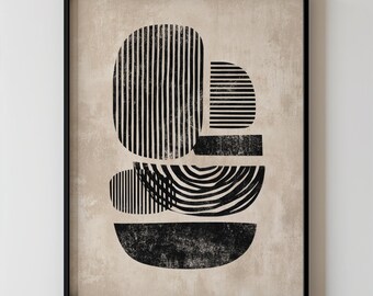 Modern Geometric Abstract Shapes Art, Minimalist Black Lines Pattern Printable Contemporary Neutral Black and Beige Living Room Decor 129