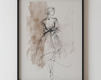 Minimalist Vintage Woman Figurative Line Fashion Drawing, Modern Abstract Female Sketch Silhouette Contemporary Feminine Wall Art Decor 119