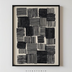 May include: Framed monochrome abstract art print. The artwork displays a grid of black rectangular blocks, each filled with either horizontal or vertical lines. The text "SIEK STUDIO" is printed at the bottom of the print.