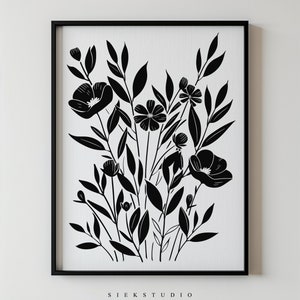 Minimalistische Blumensilhouette, Schwarz-Weiß-Natur-Botanik-Kunstdruck, moderne Wandkunst, abstraktes florales druckbares skandinavisches Kunstdekor