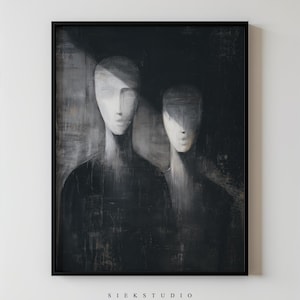 Black And White Abstract Figures Shadow Art, Minimalist Emotional People Printable Modern Couple Portrait Living Room Wall Decor 59