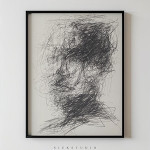 Impression d'art portrait abstrait gribouillis, oeuvre contemporaine de croquis de tête monochrome, décoration murale moderne de chambre à coucher minimale, art mural imprimable 854