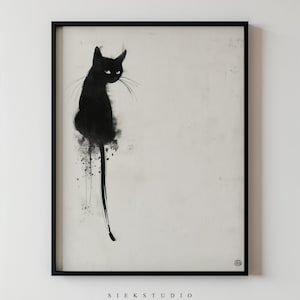 Puede incluir: Impresión minimalista en blanco y negro de un gato con una cola larga. El gato está sentado y mirando hacia la derecha. La impresión está enmarcada en un marco negro.