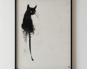 Black Cat Wall Art, Minimalist Ink Cat Painting Gothic Feline Decor, Halloween Cat Print, Dark Aesthetic Art Cat Lover Gift Animal Wall Art