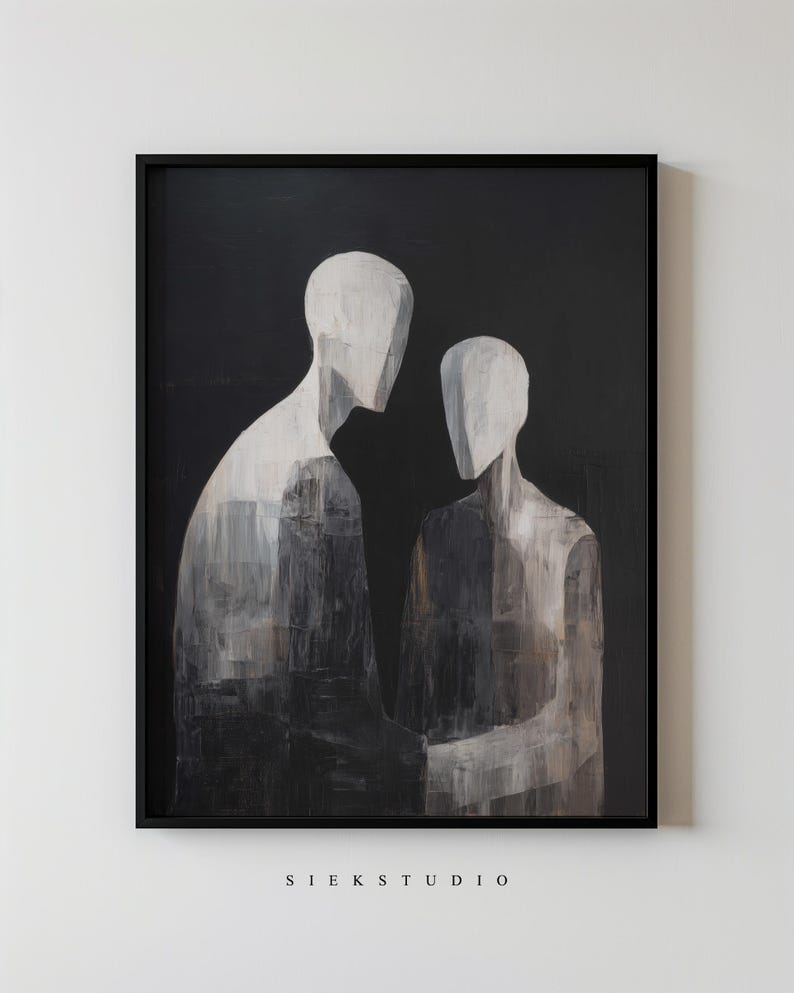 ミニマリストの人物抽象カップルアート描画印刷可能な白黒比喩的ニュートラルウォールアート、モダンな感情的な装飾アートワーク50 画像 1