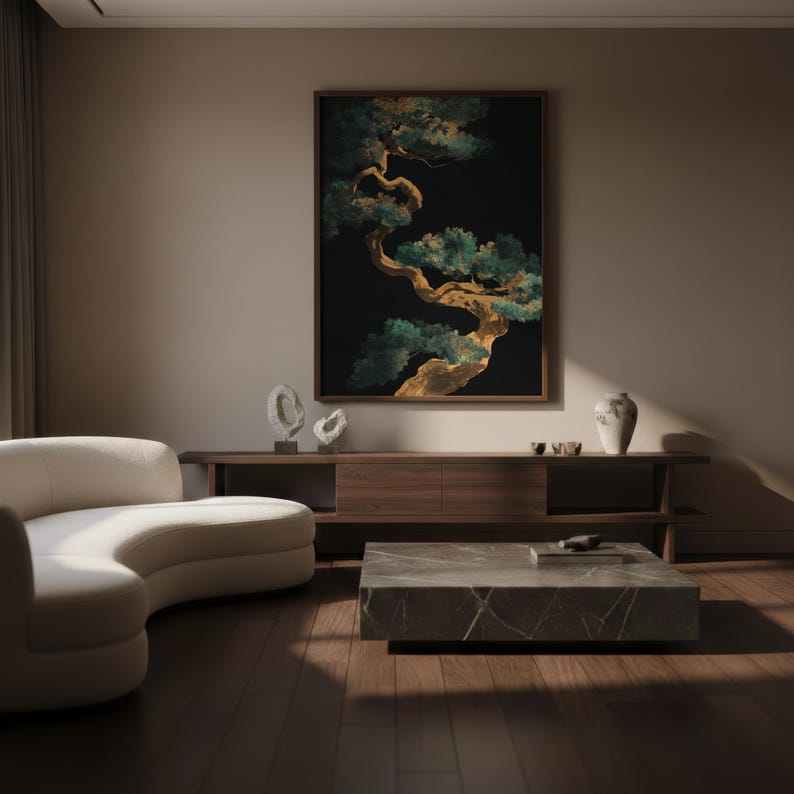 Modern Japanese Pine Tree Wall Art Print, Dark Botanical Gold Green ...