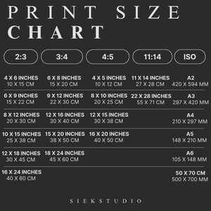 May include: Print size chart with different aspect ratios and corresponding measurements in inches and centimeters. The chart also includes ISO paper sizes with their corresponding measurements in millimeters.