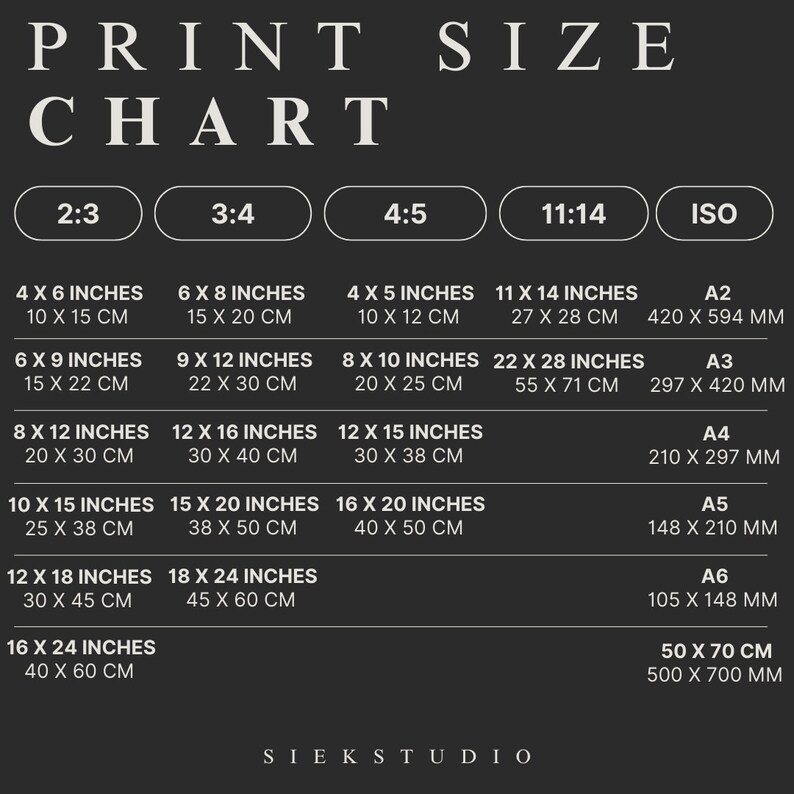 May include: Print size chart with different aspect ratios and corresponding measurements in inches and centimeters. The chart also includes ISO paper sizes with their corresponding measurements in millimeters.