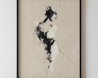 Minimalist Abstract Feminine Figure Wall Art, Black and Beige Silhouette Printable Expressive Line Drawing, Neutral Modern Body Art Decor