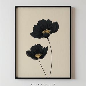 Väggkonst med svarta blommor, abstrakt blommig utskrivbar minimalistisk svart vallmokonstverk, beige neutral botanisk väggdekor, modern väggkonst med blommor