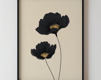 Black Flower Wall Art, Abstract Floral Printable Minimalist Black Poppy Artwork, Beige Neutral Botanical Wall Decor, Modern Flower Wall Art