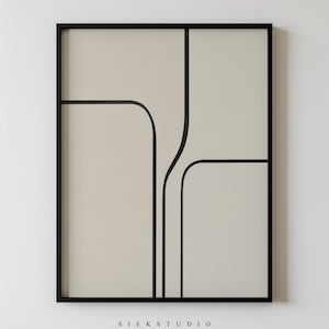 Minimalist Abstract Wall Art, Modern Black Line Design Beige Neutral Geometric Printable Simple Contemporary Drawing Living Room Artwork 45