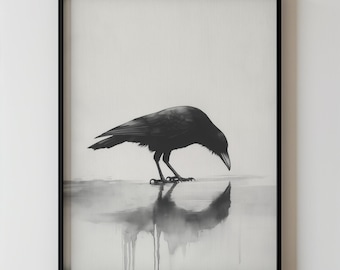 Minimalist Raven Bird Wall Art Printable Watercolor Black and White Crow Reflection Painting, Gothic Animal Modern Decor Instant Download