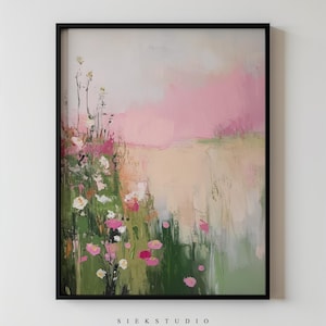 Paysage floral impressionniste de printemps rose tendre, peinture de fleurs sauvages, art de la nature romantique, décoration pastel de rêve, esthétique cottagecore imprimable