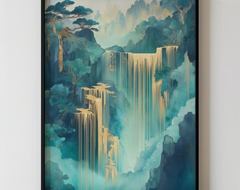 Printable Japanese Golden Waterfall Wall Art Hokusai Ukiyo-e Japanese Home Decor, Minimalist Landscape Art, Emerald and Gold Boho Wall Art