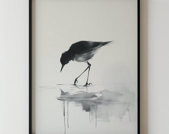 Op de afbeelding: Zwart-witte aquarel van een vogel die in een plas water staat. De vogel kijkt naar het water en zijn reflectie is zichtbaar in de plas. Het schilderij is ingelijst in een zwart frame en heeft de tekst "SIEKSTUDIO" onderaan.