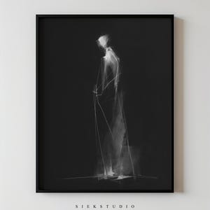 Figura masculina abstrata para impressão em preto e branco, esboço corporal minimalista, decoração contemporânea, arte de silhueta monocromática, decoração neutra moderna