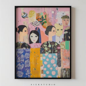 Colorful Abstract Figurative Art, Modern People Collage Print Textured Contemporary Mixed Media Wall Art Whimsical Portrait Digital Download