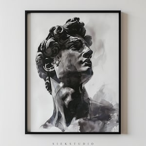 May include: Black and white watercolor painting of a classical sculpture bust of a man with a detailed face and neck. The bust is set against a white background with a light gray watercolor wash.