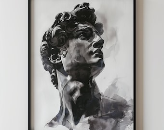 Renaissance Bust Abstract Male Portrait Wall Art Black and White David Statue Large Printable Classical Decor, Modern Art for Home or Office