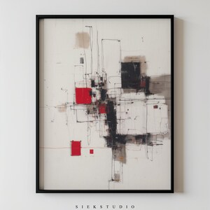 May include: Abstract art print in a black frame. The artwork features a complex arrangement of black, red, and beige shapes and lines on a white background. The text "SIEKSTUDIO" is printed at the bottom of the frame.