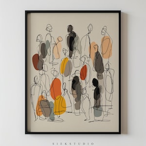 May include: Abstract art print showing a crowd of people in black line drawings with colourful shapes. The artwork has orange, yellow, and grey accents on a beige background, framed in black. The text "SIEKSTUDIO" is at the bottom.