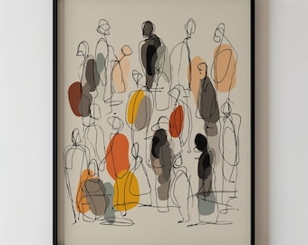 モダン抽象比喩線画スケッチ画印刷可能ミニマリストニュートラルカラー人物壁アート、現代的表現力豊かなホームデコレーション 229
