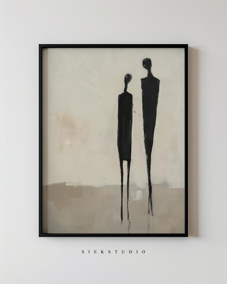 May include: Abstract painting of two figures in black against a beige background. The figures are stylized and elongated, with simple lines and shapes. The painting is framed in black.