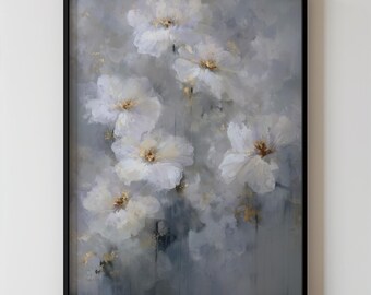 Abstract Minimalist Floral Botanical Painting, Modern Gray And White Flowers Wall Art, Contemporary Home Decor Printable Download 346