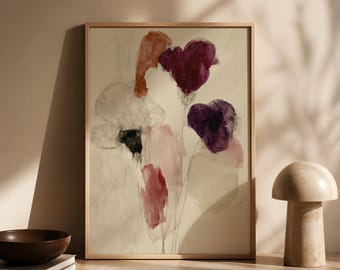 Abstract Floral Painting, Minimalist Botanical Decor, Moody Burgundy Poppy Wall Art, Archival Print 1269