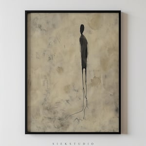 May include: Abstract painting of a person with long legs and a textured background in shades of beige and brown. The painting is framed in black.