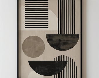 Abstract Midcentury Minimalist Shapes Printable Modern Beige and Black Lines Wall Art, Neutral Contemporary Living Room Decor Download 161