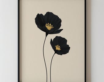 Abstract Minimalist Botanical Floral Painting, Modern Black And Beige Flower Wall Art, Contemporary Neutral Living Room Decor 288